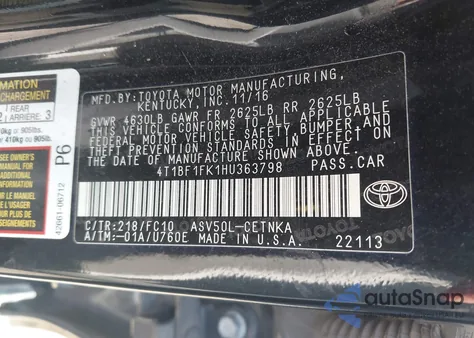 2017 Toyota Camry Le from USA, damaged, VIN 4T1BF1FK1HU363798